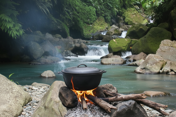 Realistic cast iron pot on rock by river